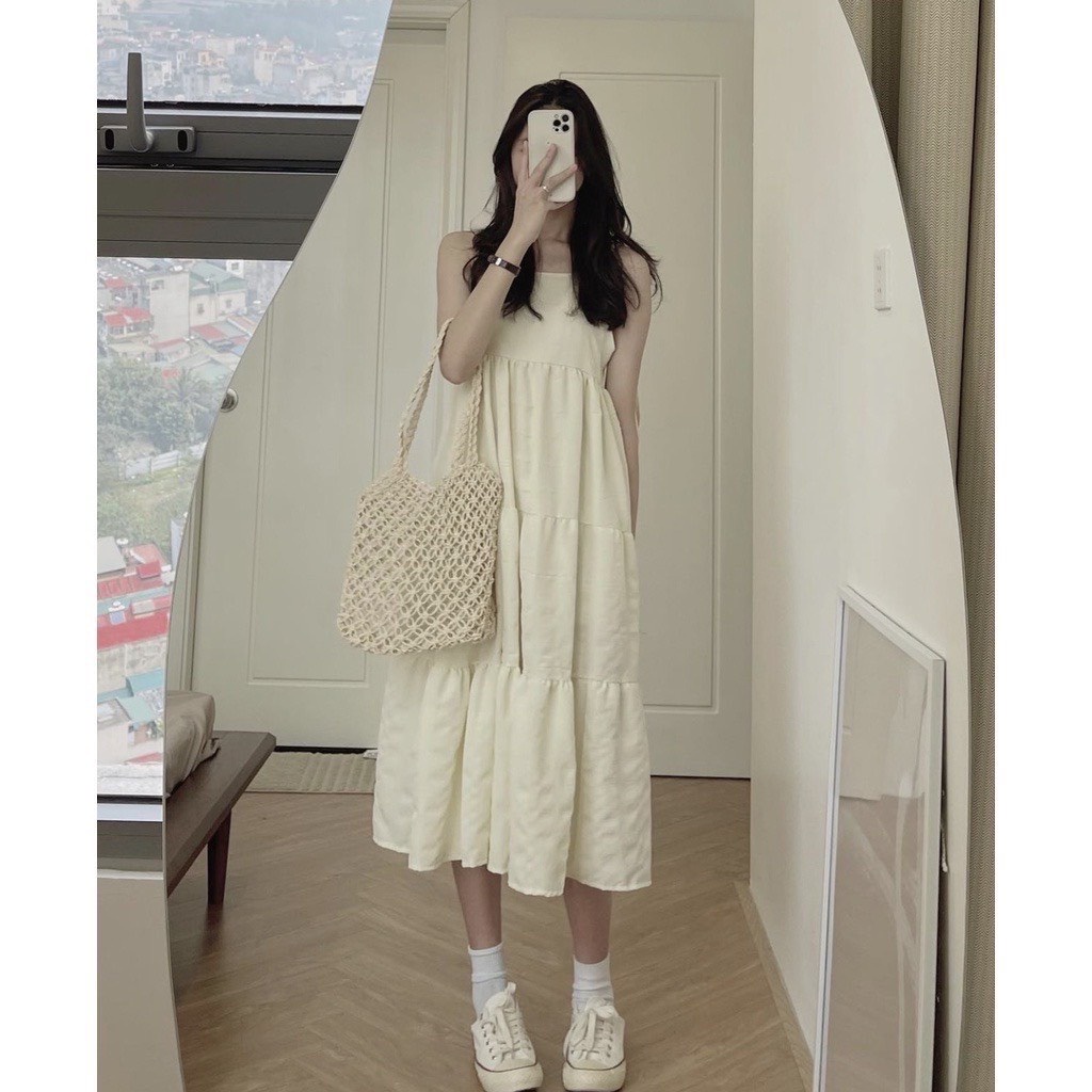 Váy 2 dây - váy maxi babydoll vải đũi trơn mềm dáng rộng màu be