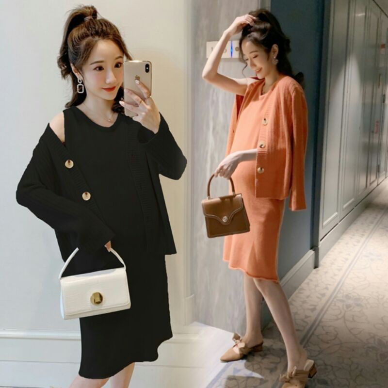 Sét đầm bầu thu đông kết hợp cho con ti gồm váy len và áo khoác hàng Quảng Châu cao cấp