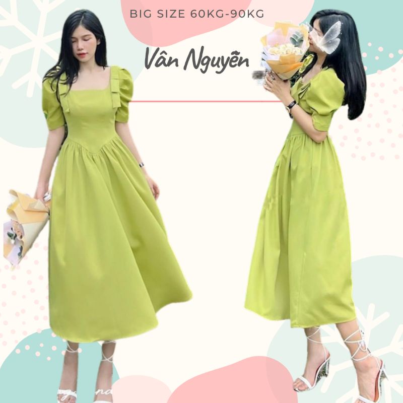 Đầm big size đầm xanh cổ vuông từ 60kg-90kg