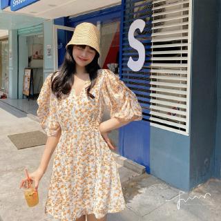 Áo voan ngắn tay cổ chữ V phối bèo họa tiết hoa cúc xinh xắn kiểu Retro Pháp