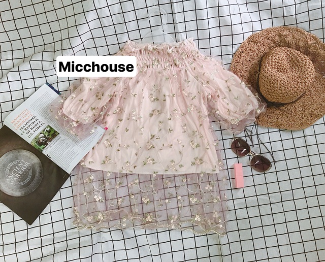 SẴN HỒNG | Áo trễ vai lưới thêu hoa ulzzang T3635