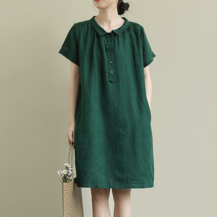 Đầm suông đũi cổ sen vuông form rộng trẻ trung, chất vải đũi mềm mát, thời trang phong cách Nhật Bản