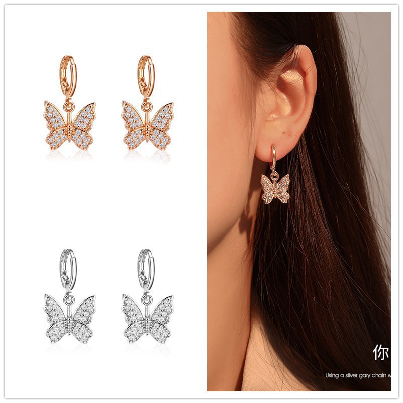 hoa tai kim cương hình bướm nữ thanh lịch trang sức hàn quốc