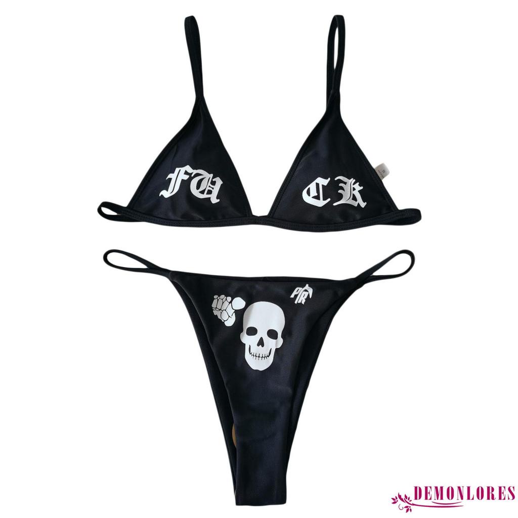 Bộ Bikini 2 Mảnh Cổ Chữ V Eo Thấp In Họa Tiết Hoạt Hình Mặt Cười/Đầu Lâu Thời Trang Mùa Hè Cho Nữ