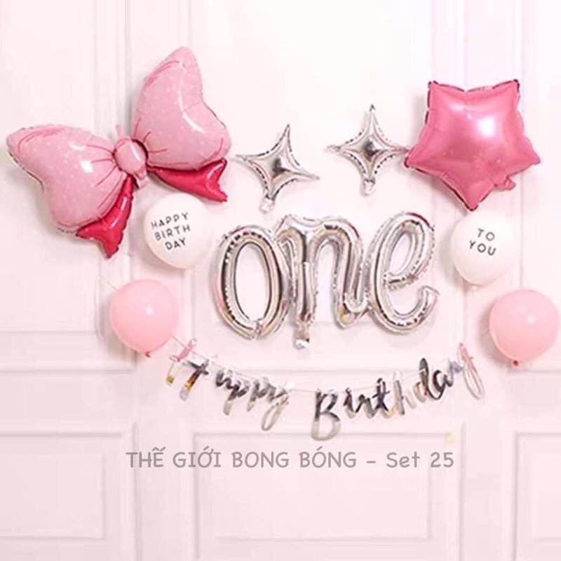 Set bóng trang trí bé gái màu hồng nơ hồng đáng yêu