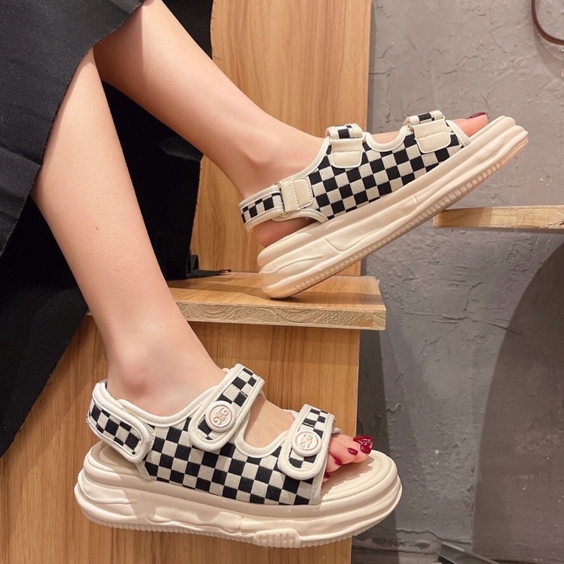 Dép sandal nữ 2 Đồng Xu Quai Dán CARO 2 màu cao cấp