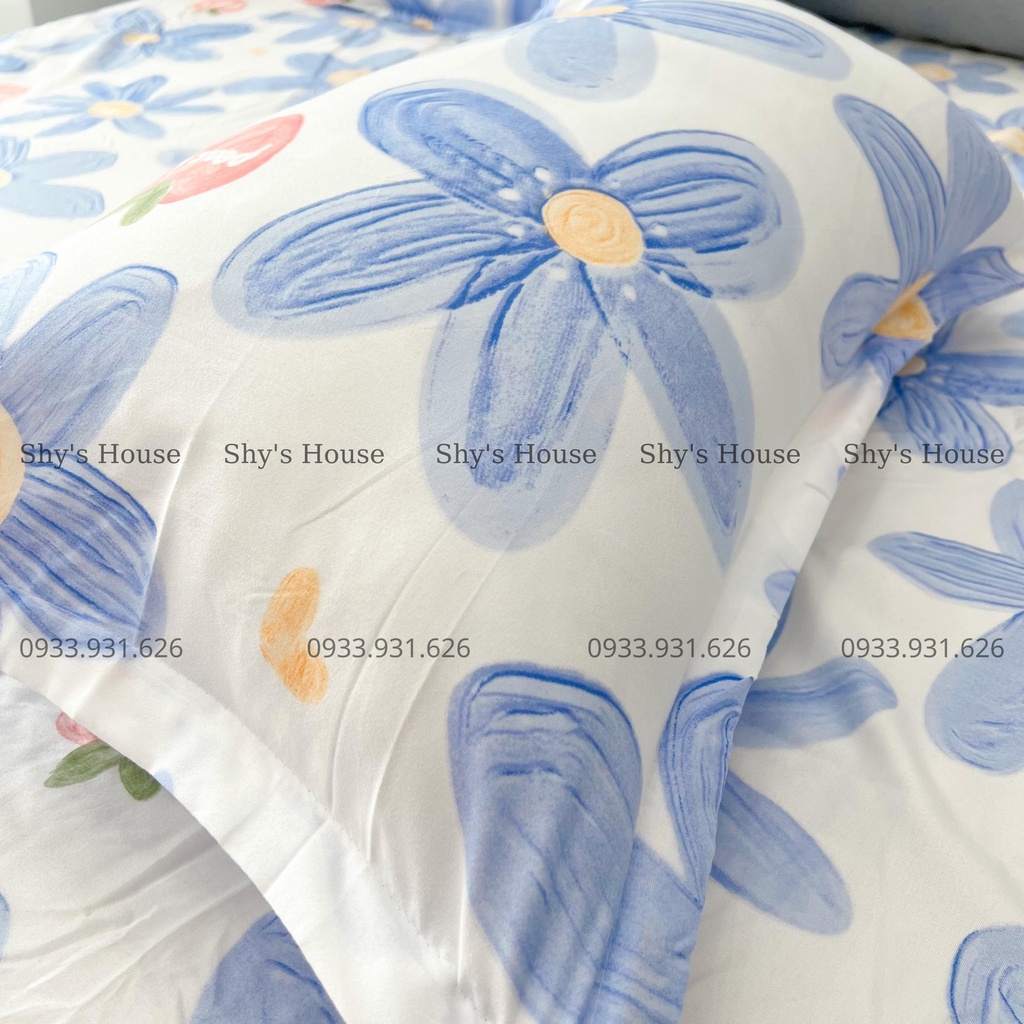 Set Ga Giuờng Cotton Poly 3 Món - Họa Tiết Bông Hoa Xanh 3D - Hàng Nhập Khẩu- Set Ga + 2 Vỏ Gối Nằm - GGN20