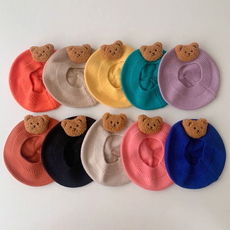 Mũ Beret Dệt Kim Mềm Mại Co Giãn Giữ Ấm Màu Kẹo Ngọt In Hình Gấu Hoạt Hình Dễ Thương Cho Trẻ Em