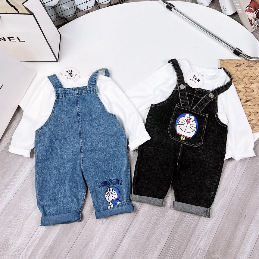 Đồ bộ bé gái, Set Quần bò yếm lửng Doremon và áo phông dài tay chất thun cotton dễ thương cho bé từ 7-18 kg, DUCK385