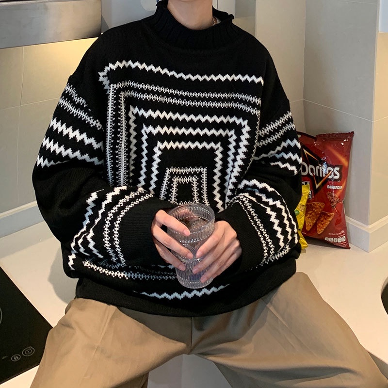 Áo Sweater Dệt Kim Họa Tiết Hình Học 3D Dáng Rộng Thời Trang Mùa Thu Cho Nam