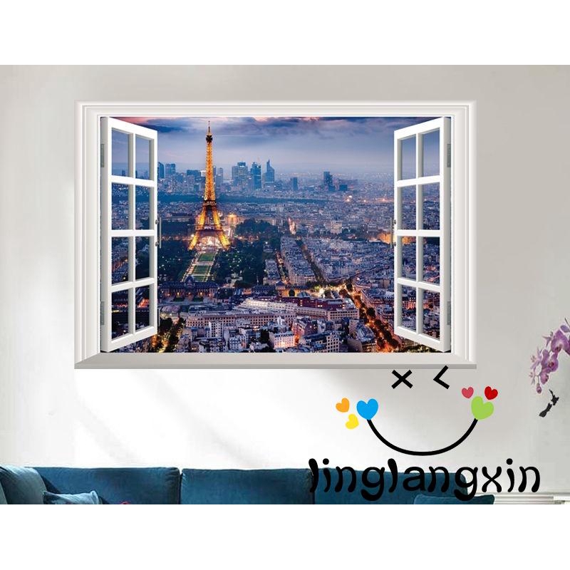 XAN-3D Wall Sticker Eiffel Tower Paris Night Views Window Decal Home Decor PVC