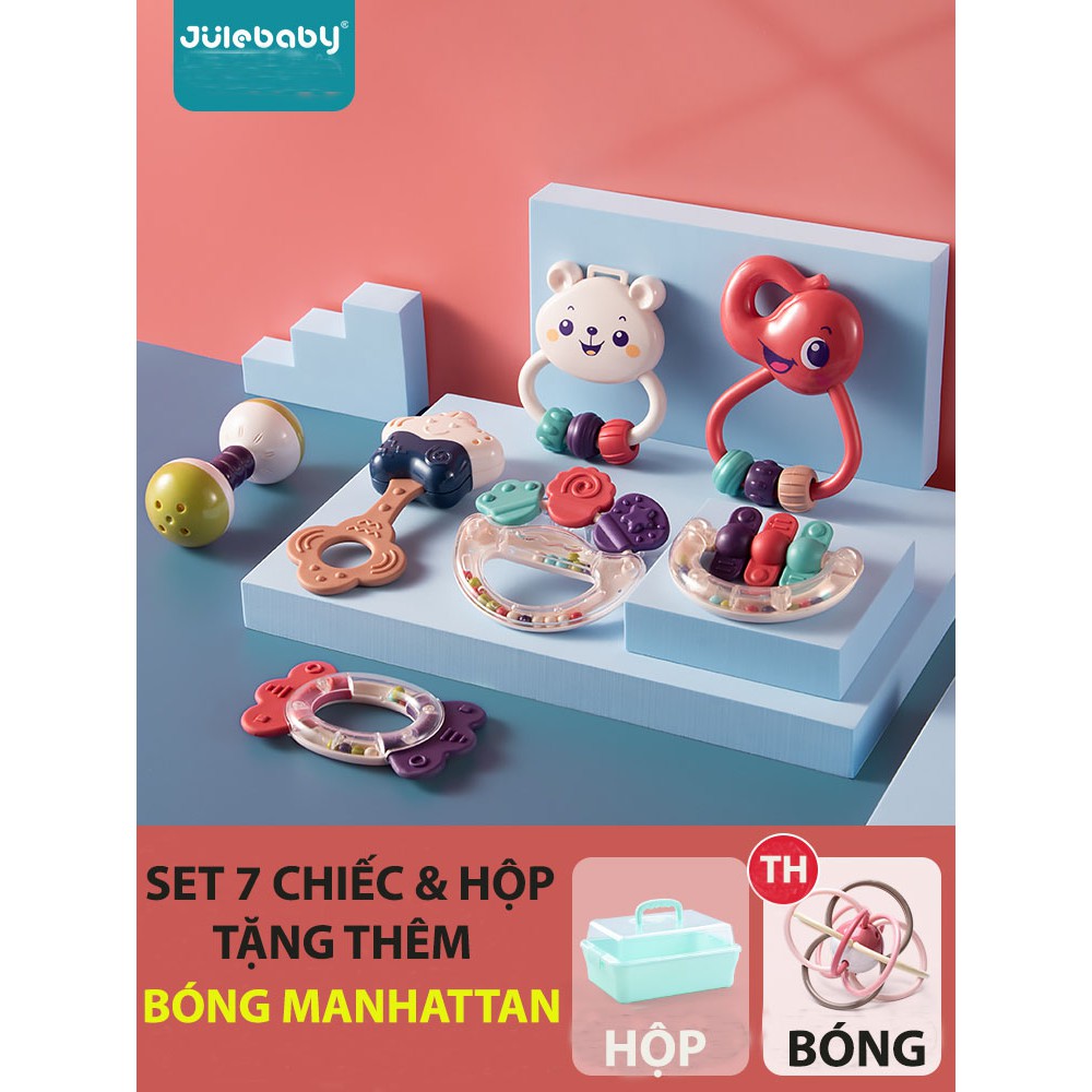 Chính hãng cao cấp JuleBaby Set đồ chơi xúc xắc gặm nướu cho bé phát triển giác quan, tặng bóng Manhattan