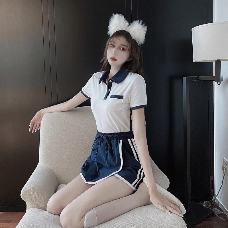 COZOK Set Áo Thun Ngắn Tay Màu Sắc Tương Phản + Quần short Lưng Cao Thời Trang Cho Nữ