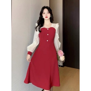 Vn880 - váy phối tay tơ be đính ngọc đen đỏ