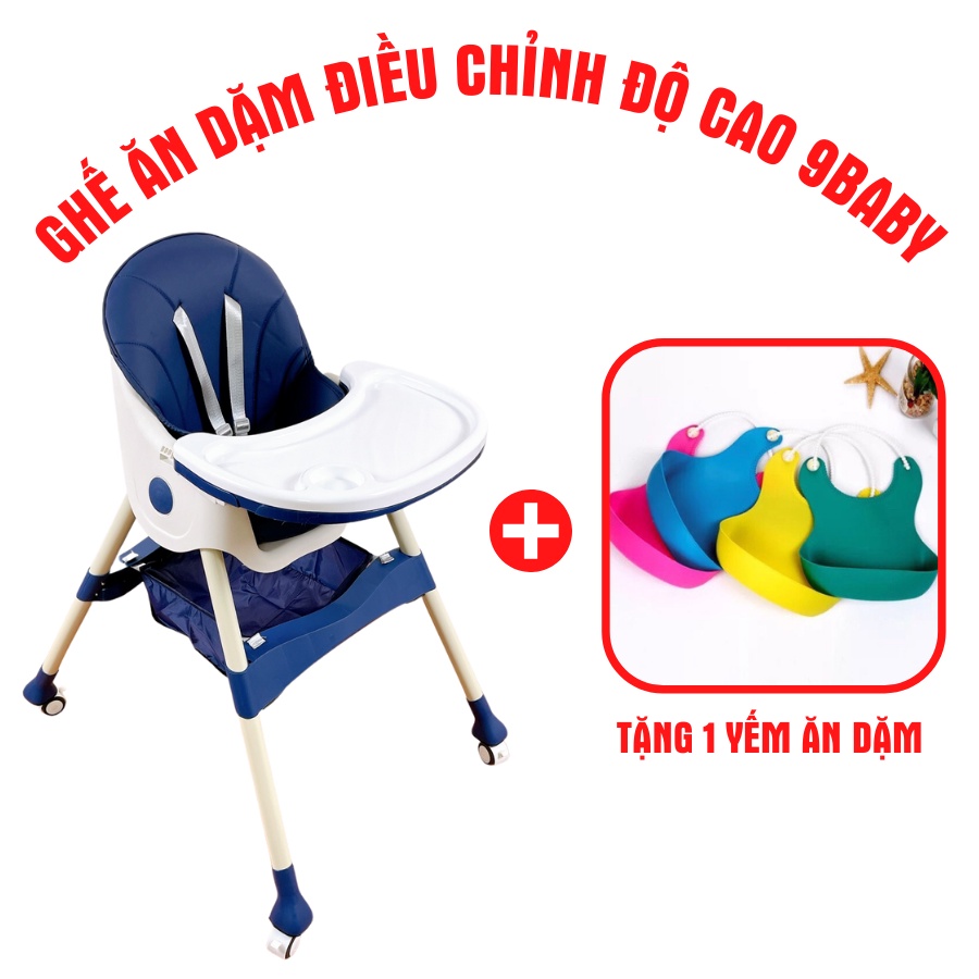 TẶNG KÈM YẾM ĂN DẶM !!! Ghế ăn dặm cho bé điều chỉnh độ cao, có bánh xe 9BABY màu xanh than