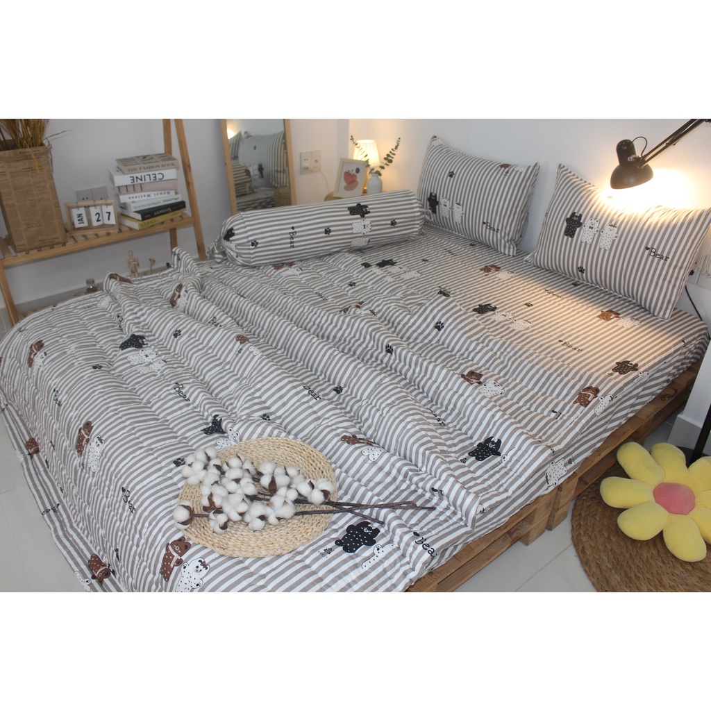 Bộ drap gối KHA LY - cotton thiên nhiên - Gấu Sọc Nâu - VN293
