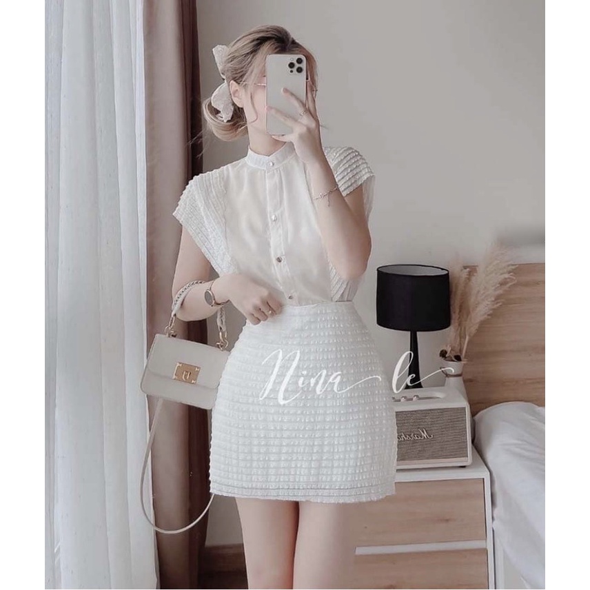S007 - Set bộ áo sơ mi trắng cổ trụ phối ren tay cánh dơi kèm chân váy ren ngắn có lót