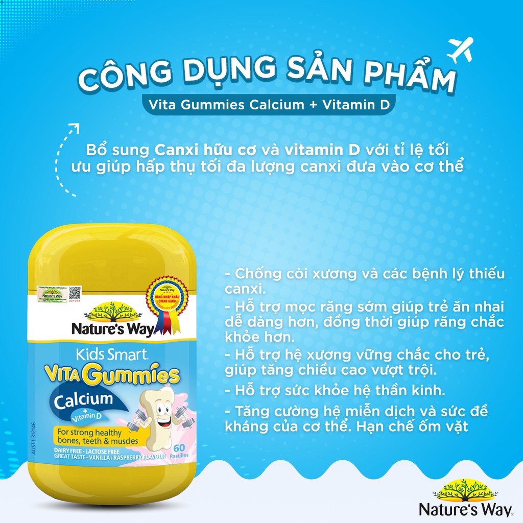 (Nhập khẩu chính hãng) Kẹo Dẻo Canxi Cho Bé Nature’s Way Kids Smart Vita Gummies Calcium + Vitamin D 60 Viên