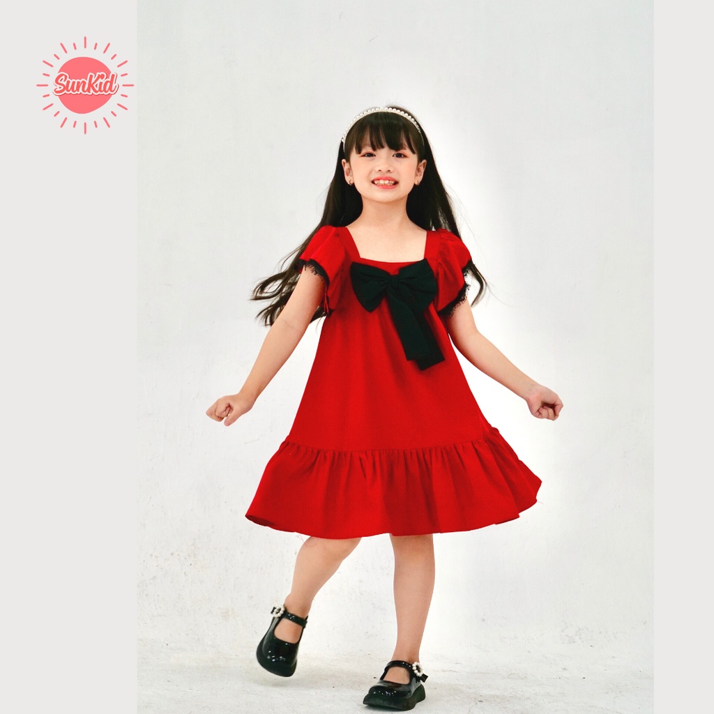 Váy đầm bé gái dáng suông đuôi cá thắt nơ đen vải trượt nhật cao cấp mùa hè Sunkid NN2 màu đỏ size trẻ em4-12 tuổi