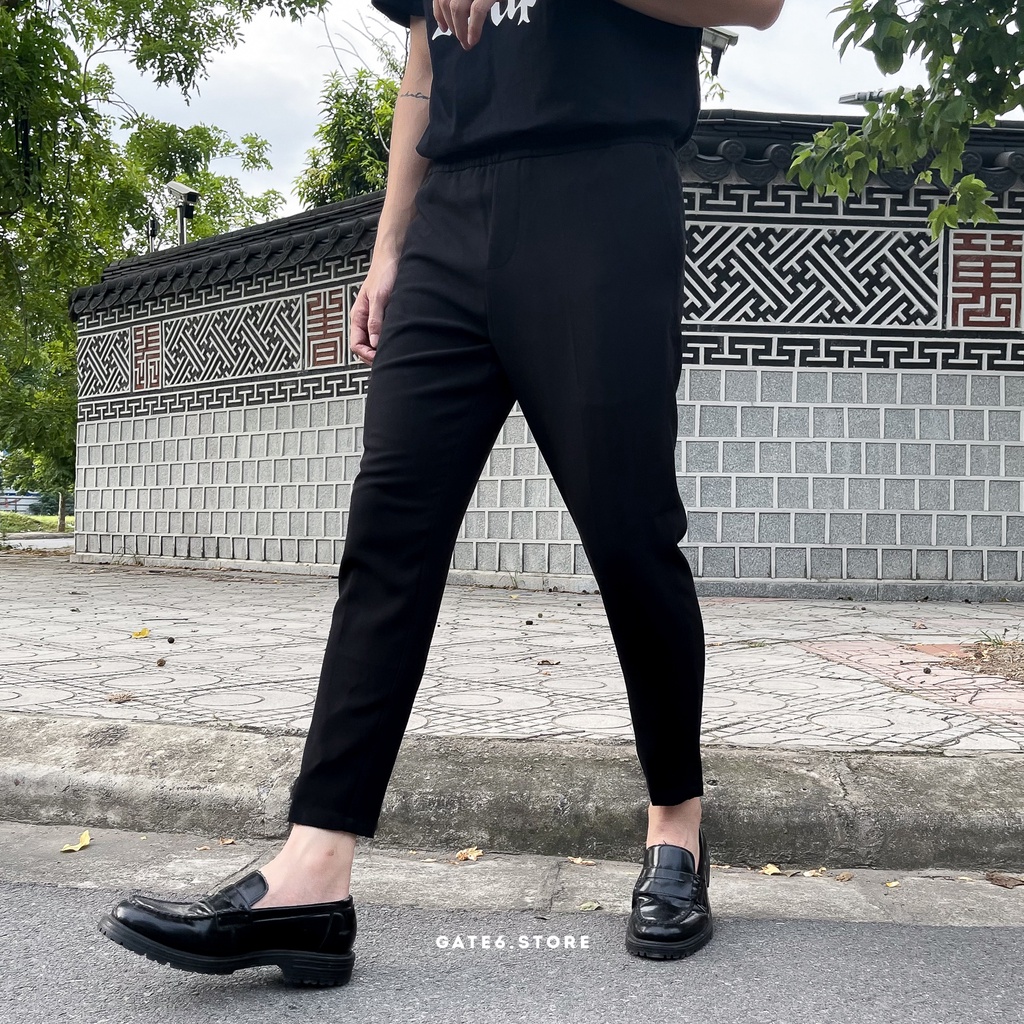 Quần vải GATE6 form regular, quần âu dáng cropped cạp chun co giãn - Dressy - ĐEN