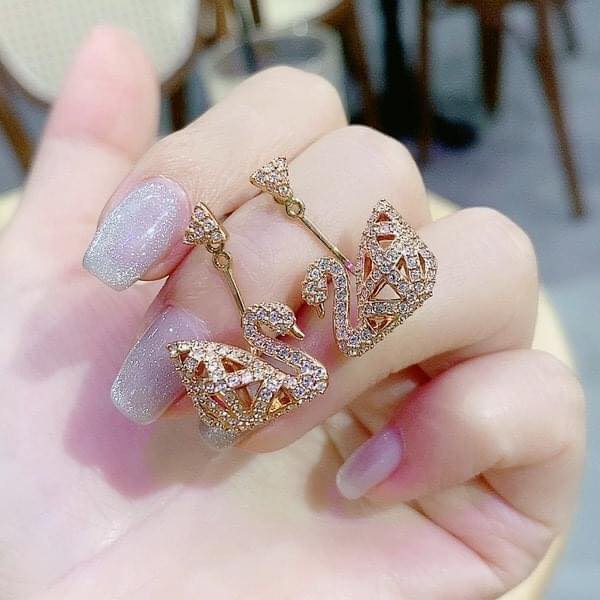 Khuyên tai nữ, trang sức swarovski thiên nga dáng lưới màu vàng hồng đeo 2 kiểu, tinh tế fullbox_thien_nga_viet_nam