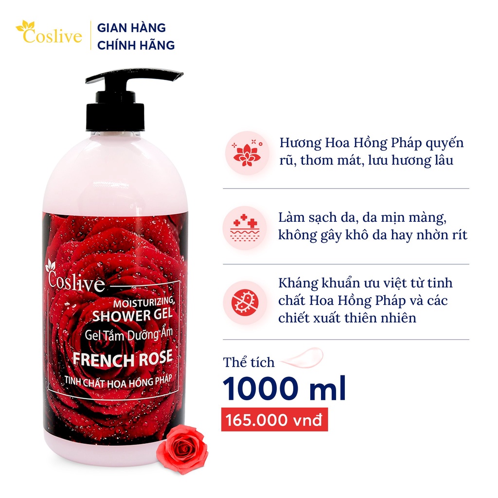 Gel Tắm Dưỡng Ẩm Tinh Chất Hoa Hồng Pháp Coslive 1000ml