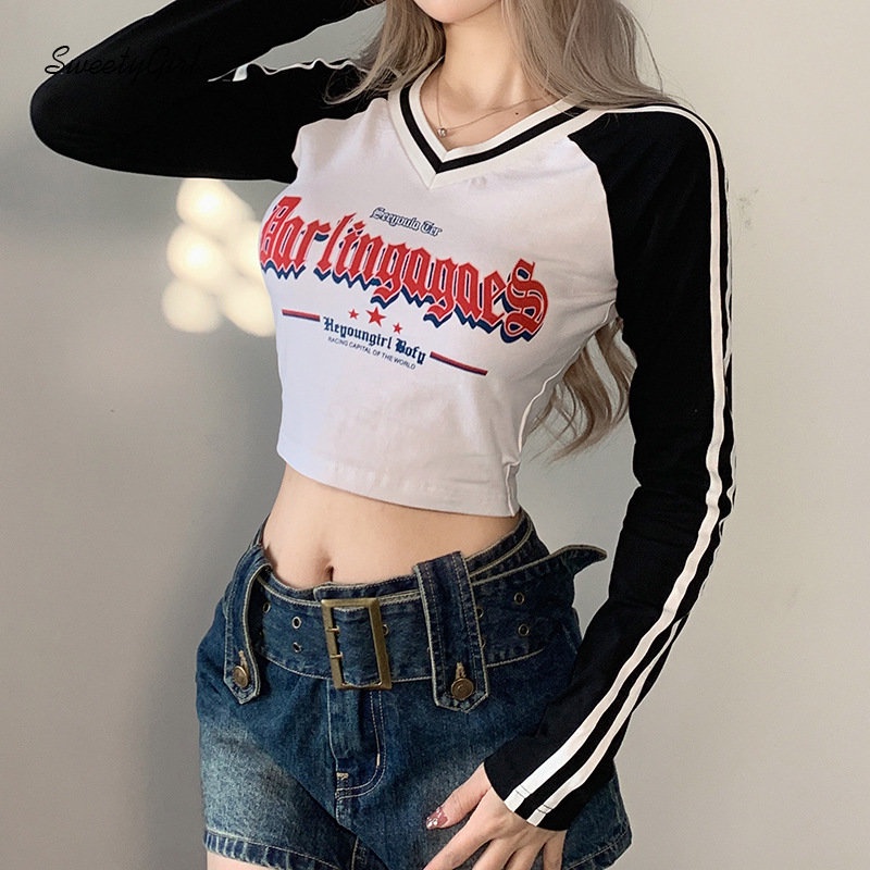 Áo Thun Tay Dài Cổ Chữ V Phối Màu Tương Phản Họa Tiết Kẻ Sọc Thời Trang 2022 Dành Cho Nữ