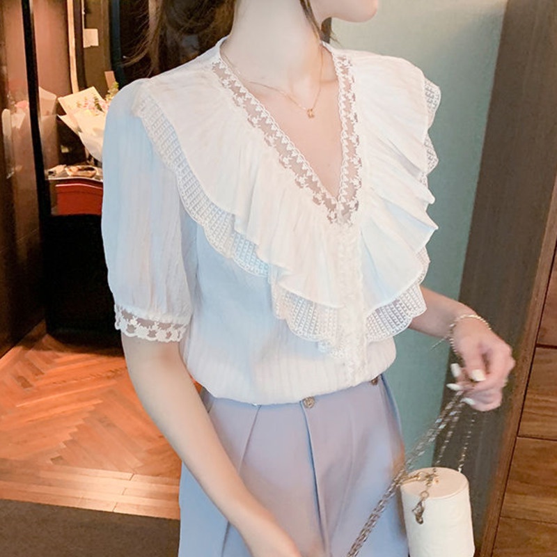 Áo Sơ Mi Ngắn Tay Cổ Chữ v Phối Ren Xinh Xắn Thời Trang 164158 Áo Sơ Mi Phối Bèo Dáng Ôm Phong Cách Hàn Quốc Dễ Phối Đồ Thời Trang