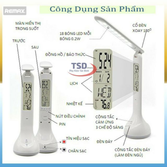 Đèn học (đèn bàn) sạc pin LED chống cận, cảm ứng Remax E185, hàng nhập khẩu chính hãng