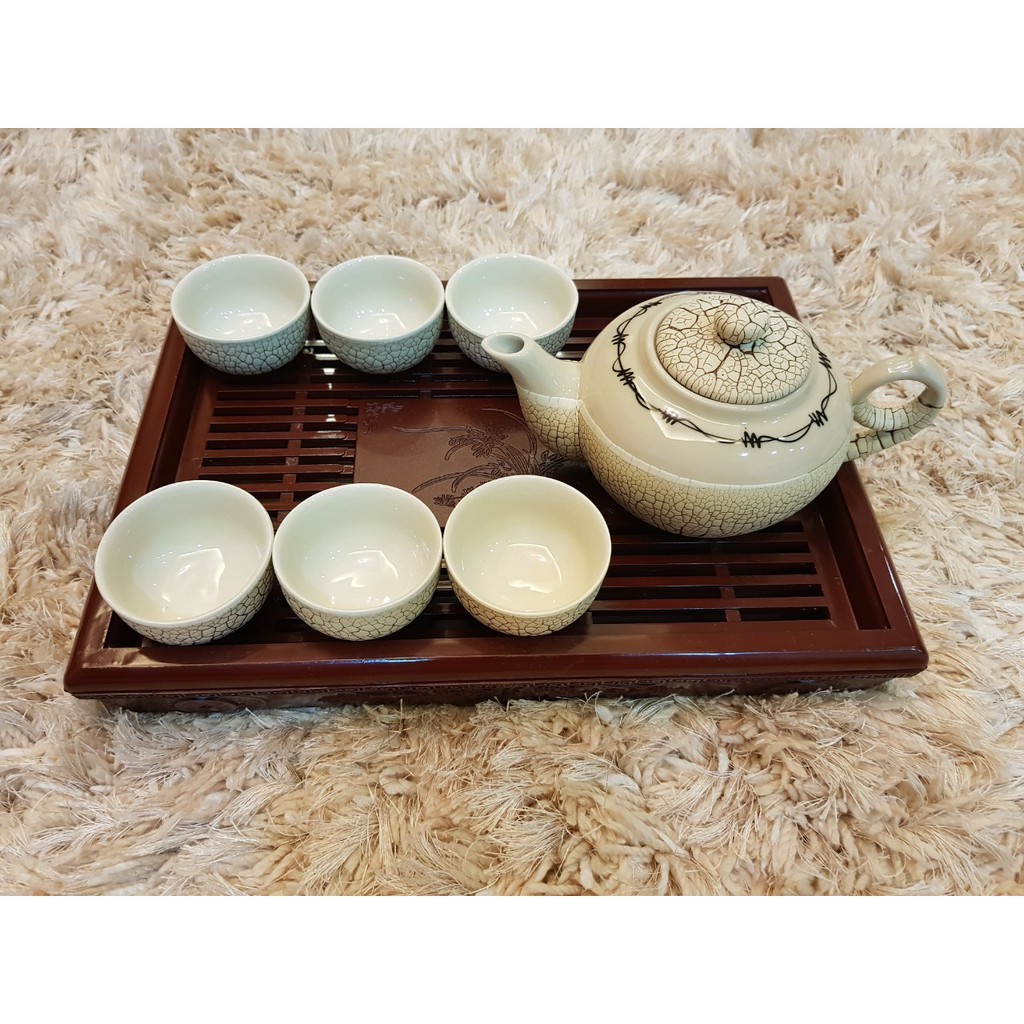 COMBO Bộ ấm chén @ men rạn + KHAY NHỰA