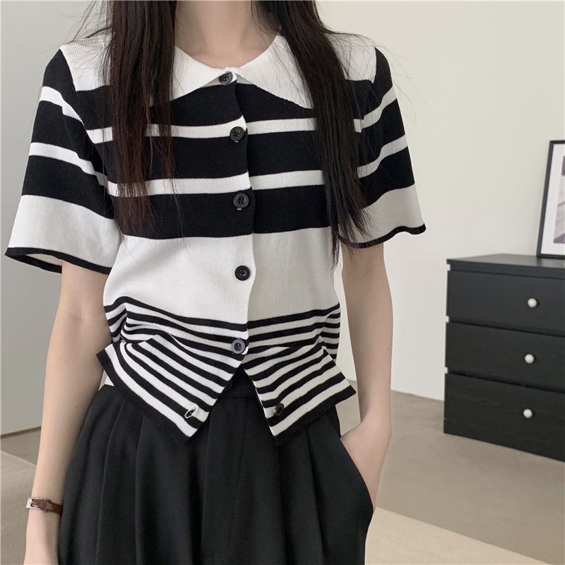 Áo Cardigan Dệt Kim Cổ polo Dáng Ngắn Phong Cách Pháp Thời Trang Mùa Hè Cho Nữ  tao bao