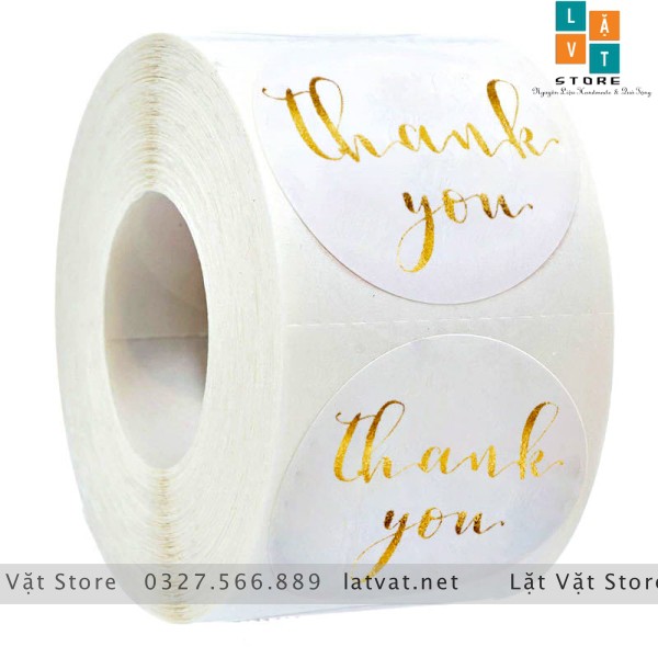 Cuộn 500 tem Decal Cảm ơn khách hàng loại nhũ vàng nền trắng - tem thank you dễ thương