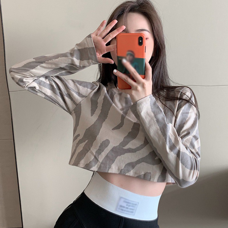 Áo crop top thời trang cho phái nữ tay dàI dáng rộng họa tiết sọc ngựa vằn