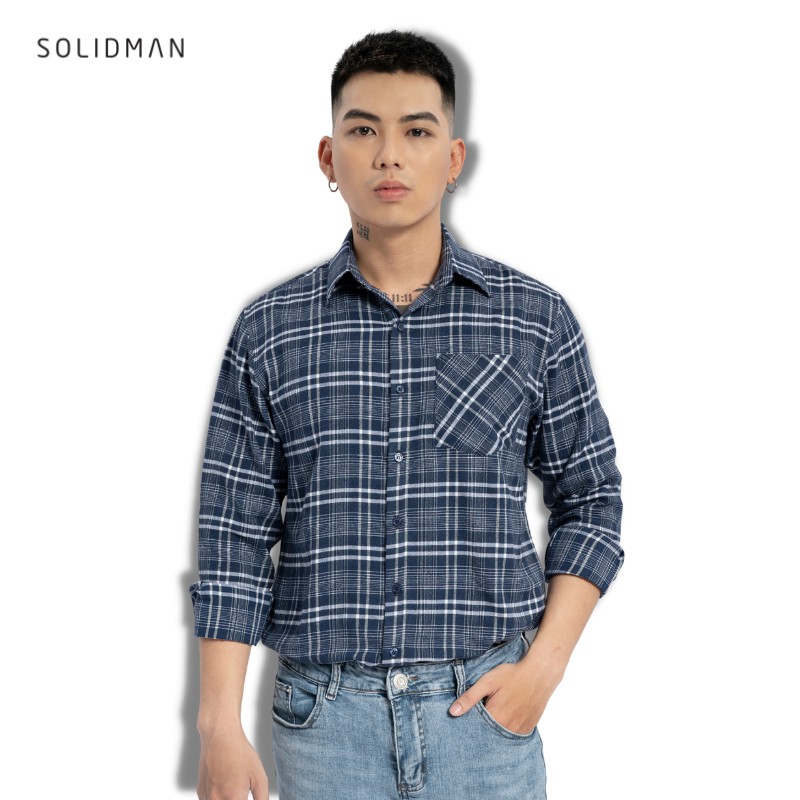 Áo sơ mi nam tay dài Solidman chất cotton sọc caro, form rộng thoải mái