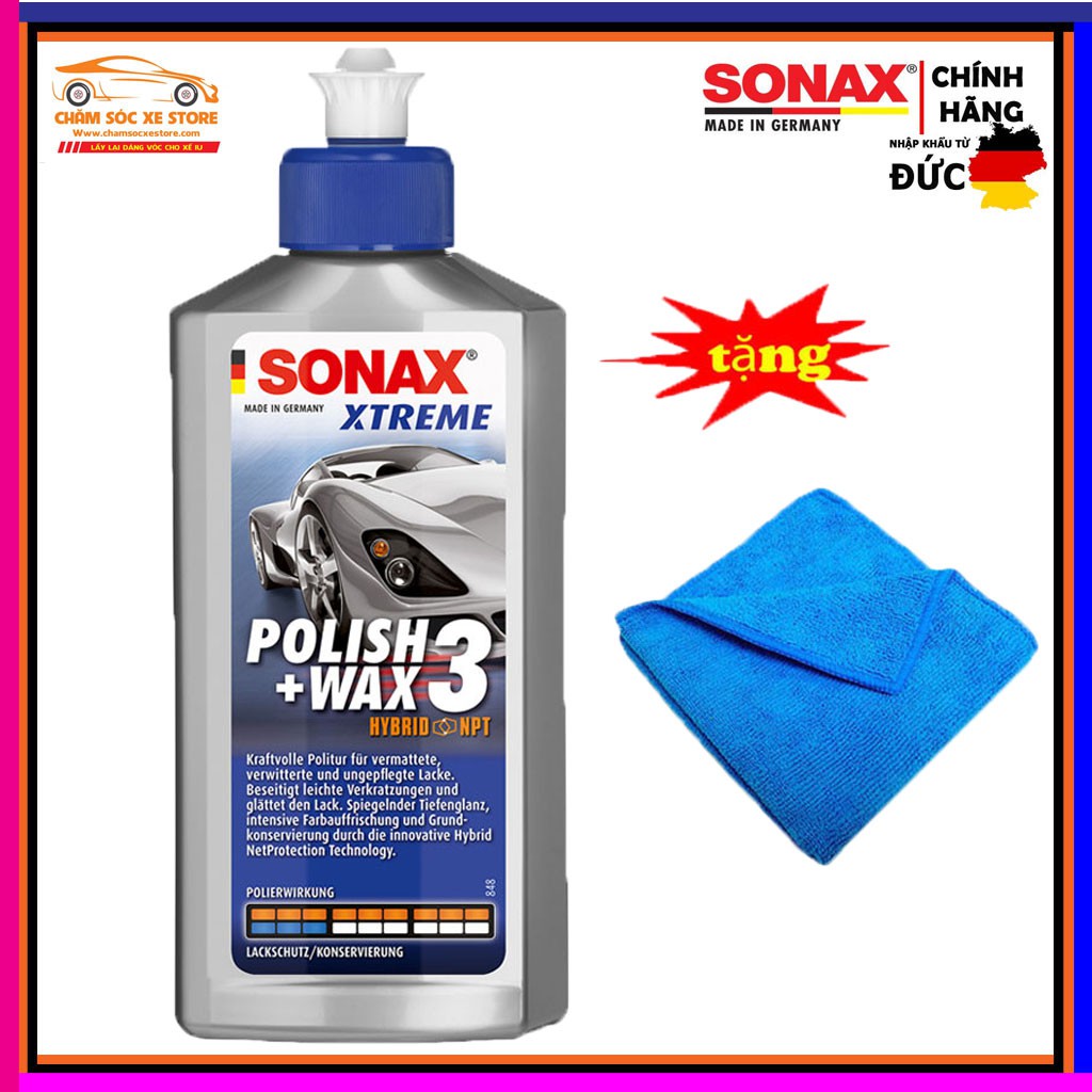 Tặng khăn -Kem đánh bóng, xóa xước quầng sơn xe ô tô, mô tô Sonax xtreme polish & wax 3 250ml Sonax202100 chamsocxestore