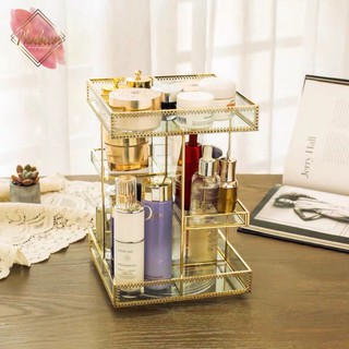 Kệ đựng mỹ phẩm, bông tẩy trang thủy tinh để bàn nhiều tầng xoay 360 độ siêu xinh - PB103