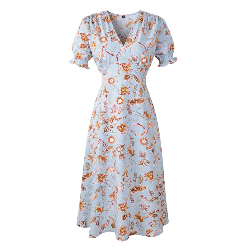 Đầm Midi Dáng Chữ A Tay Ngắn Phồng Cổ Chữ V In Họa Tiết Hoa Phong Cách Boho Thời Trang Cho Nữ