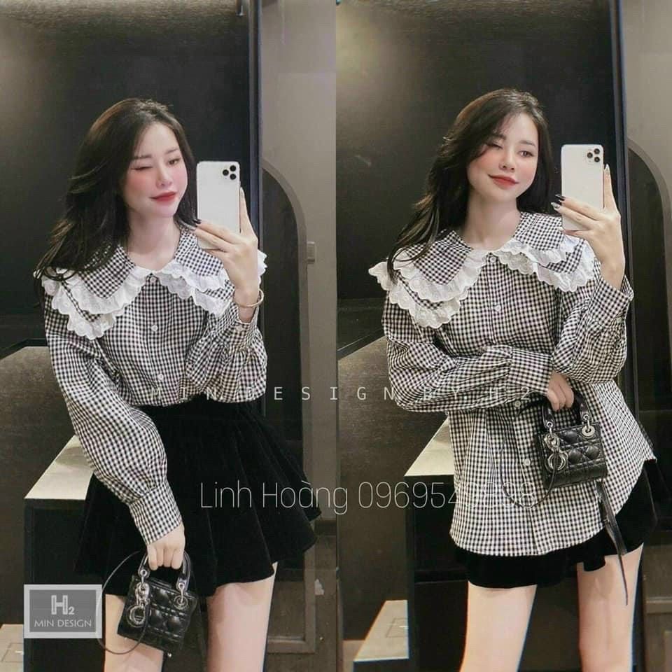 Áo sơ mi kẻ dài tay cổ sen phối ren bánh bèo 2 tầng