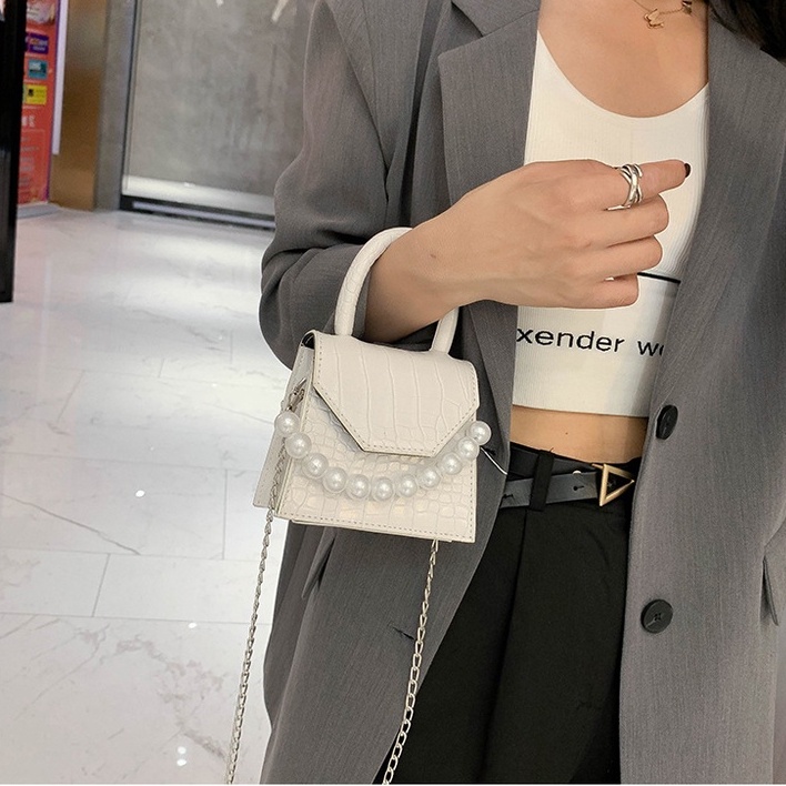 Túi Đeo Chéo Mini Ulzzang Vintage, Túi Trơn Dáng Vuông Phối Quai Ngọc Nhân Tạo Dây Xích, Hàn Quốc - Iclassy_shoes