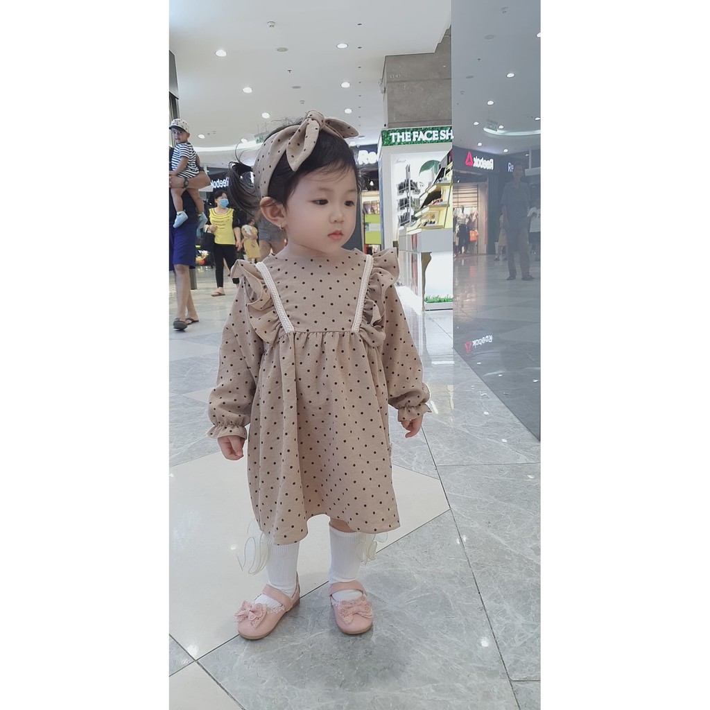 [Cocandy Official Store] Váy babydoll cho bé -chất đũi xước họa tiết chấm bi kèm mũ hoặc turban đủ size từ 7 đến 23kg