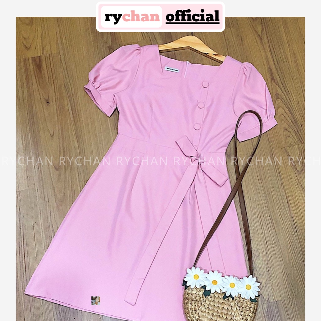 [ẢNH THẬT CUỐI] Đầm Xoè Hồng Cổ Vuông Nút Bọc Thắt Eo - DX075