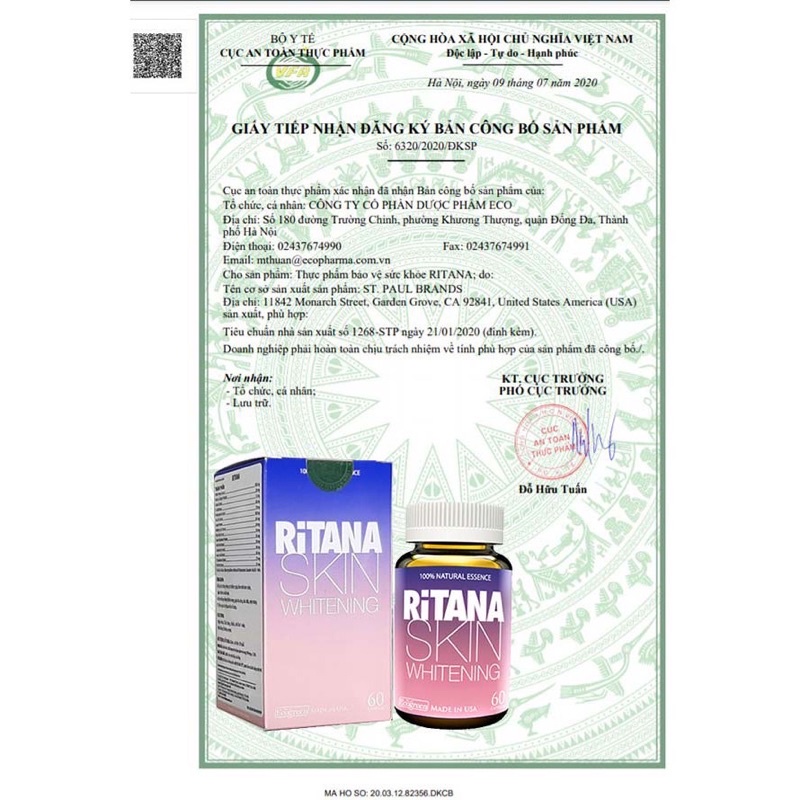 ✅ Viên uống trắng da RITANA date 3/2024 giúp Trắng Da, Mờ Thâm Nám, Chống Nắng từ bên trong