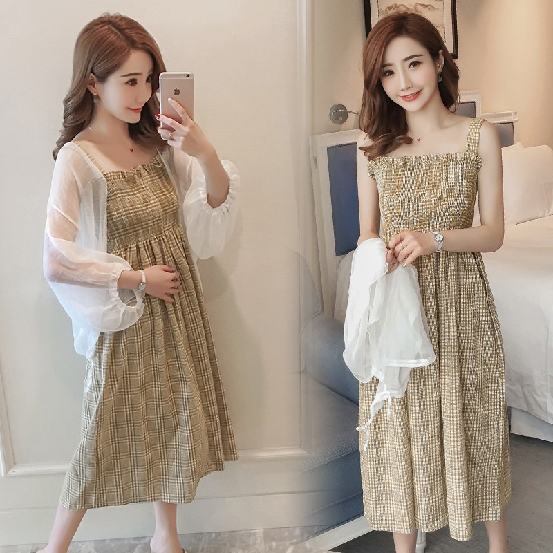 A269 Đầm bầu 2 dây dáng dài bo chun trước ngực kèm áo khoác ngoài