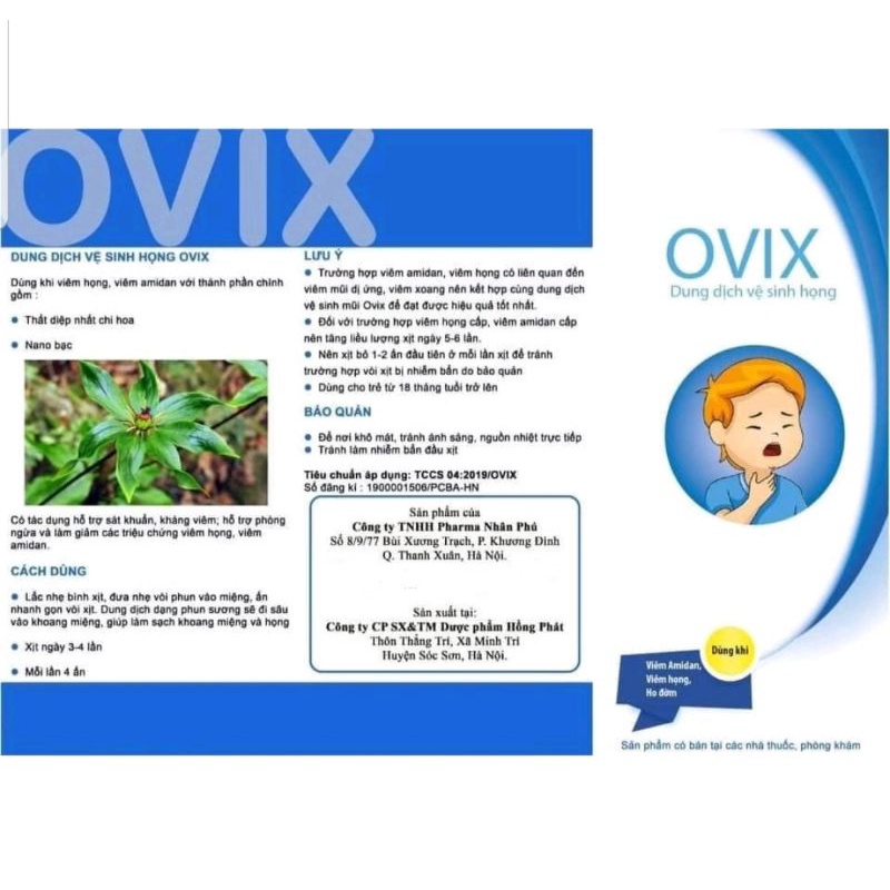 Xịt họng Ovix 20 ml ngăn ngừa viêm họng, viêm amydal, viêm VA