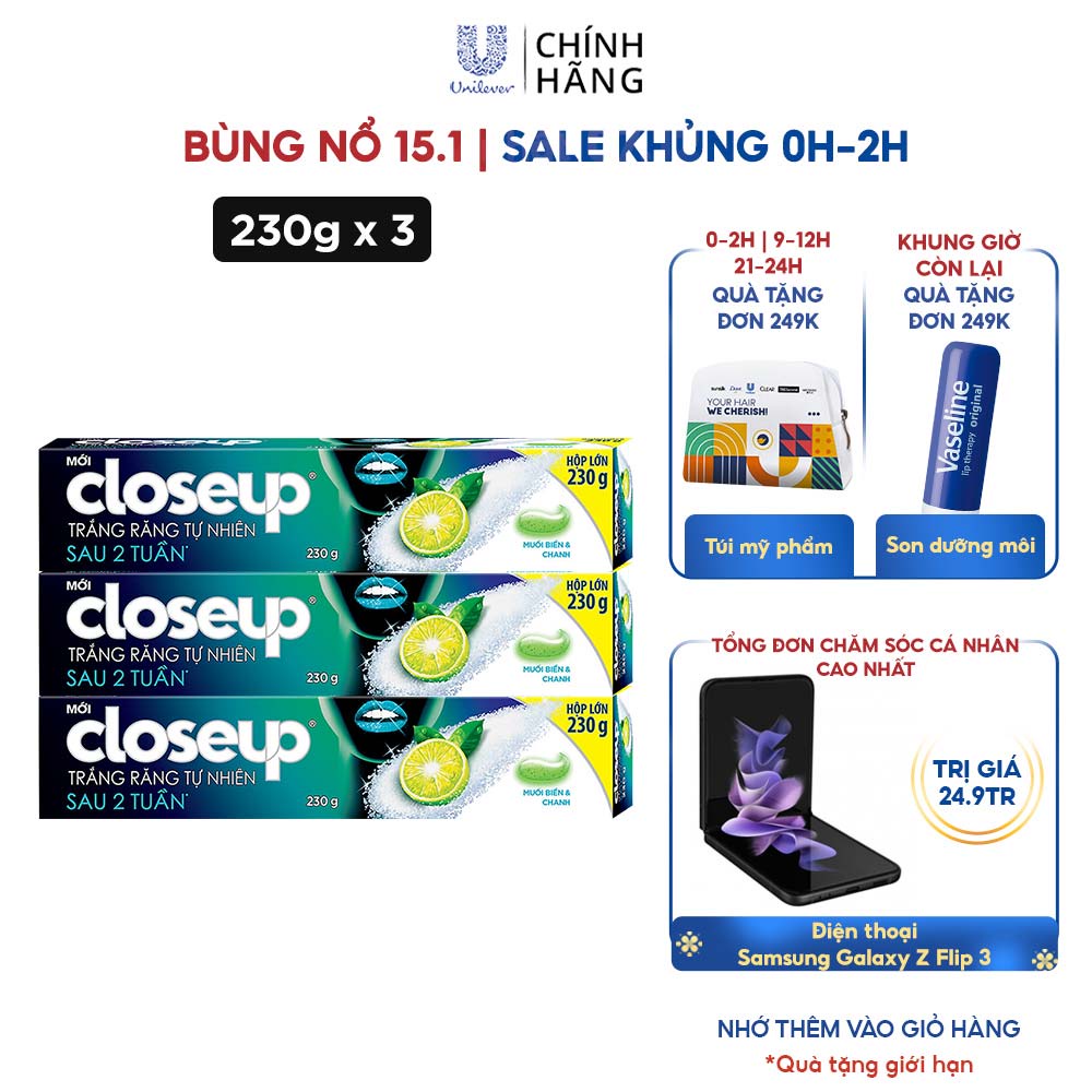 Combo 3 Kem Đánh Răng Closeup Giúp Làm Trắng Răng Tự Nhiên Sau 2 Tuần Với Chiết Xuất Chanh Và Muối Biển 230G/Tuýp