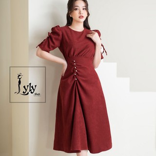 Đầm dự tiệc, váy nhung tam rúm eo, giấu bụng, co giãn - Lyly shop