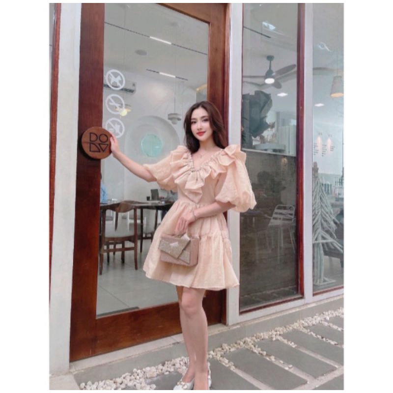 Váy xoè cổ xếp ly tay chuông vải voan tơ tiểu thư ulzzang❤️