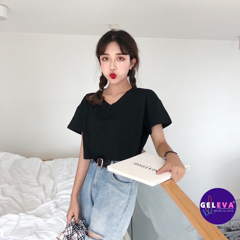 Áo croptop nữ thun tay ngắn form rộng kiểu ulzzang đẹp, áo phông nữ polo croptop crt crop top body đen trắng Geleva G54 | BigBuy360 - bigbuy360.vn