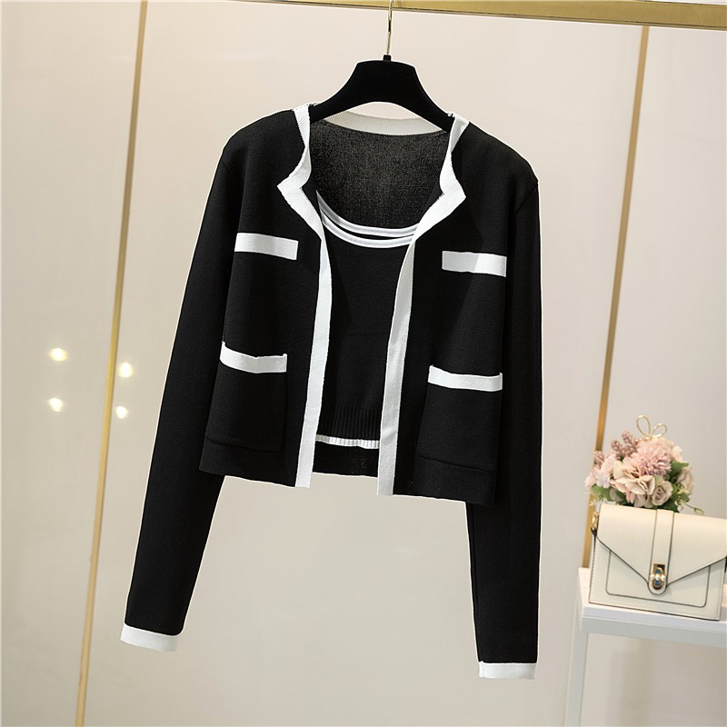 Set Áo Khoác Cardigan Dài Tay Và Áo Len Ngắn Phong Cách Hàn Quốc Mới