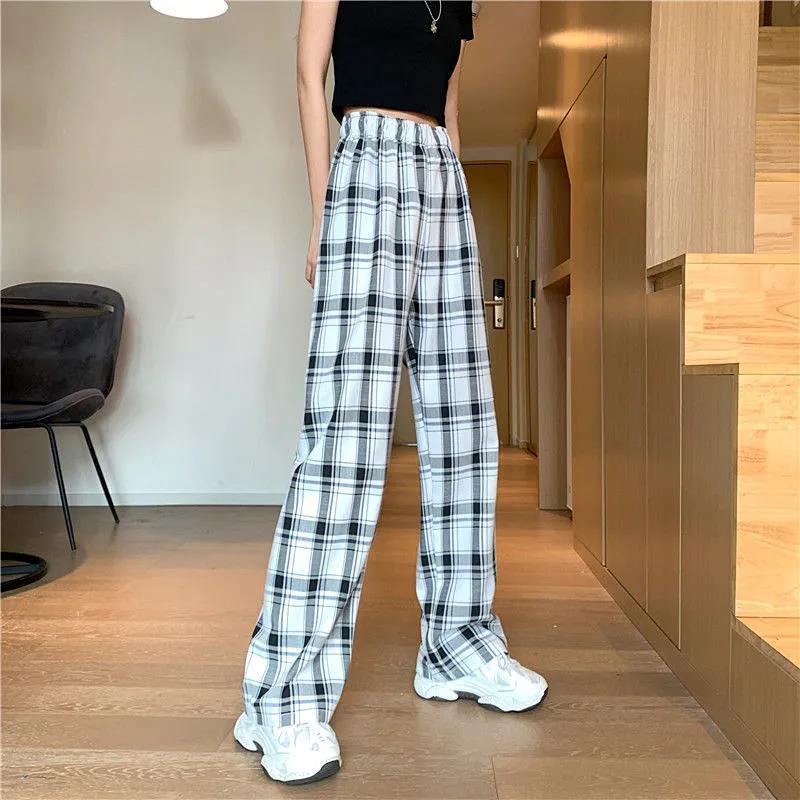 SUXI Quần Dài Nữ Ống Rộng Họa Tiết Caro Thời Trang Cá Tính